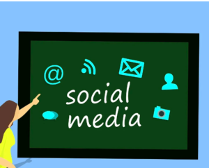 Drawing of a woman's figure pointing to a board with the name "social media" and icons.